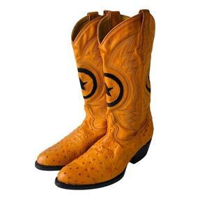 Rudel Men's Sz 8 Ostrich Leather Western Cowboy Boots Buttecup Orange Black Star